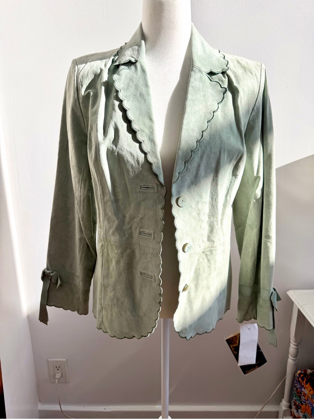 Vintage Scalloped Suede Blazer in Sage Green